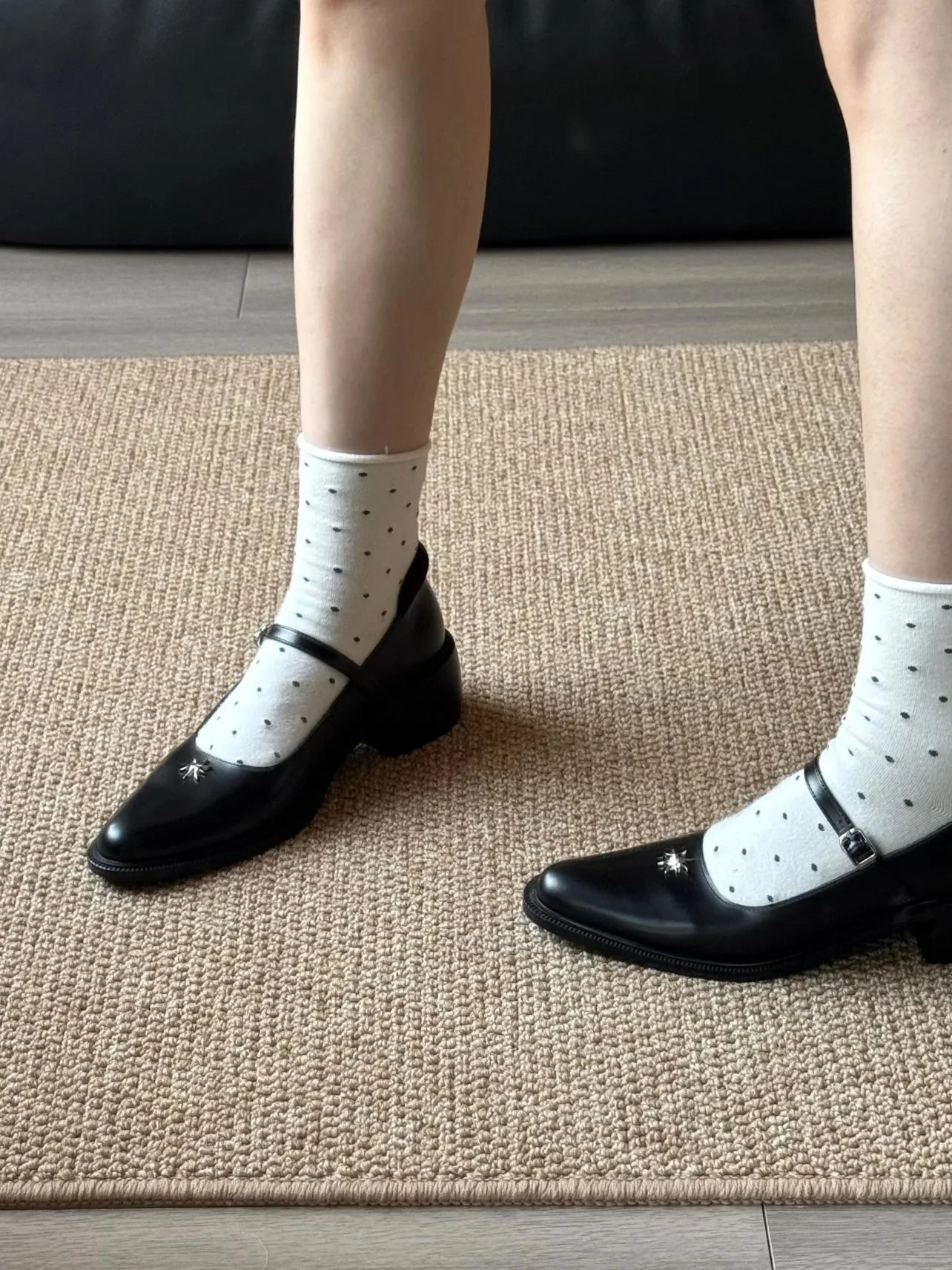 Shallow Mouthed Mary Jane Shoes Thick Heel with A Single Button Leather Shoes Metal Decorative Leisure Flat Shoes