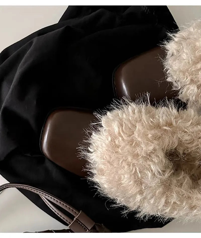 Ins style Square toe Patent Leather Wool Warm High heels Loafers Casual Girls Chunky Shoes
