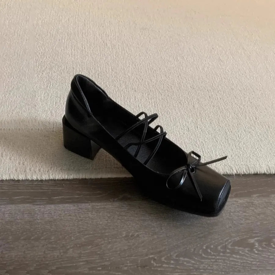 Genuine Leather Bow Decorated Flat Shoes with Cross Straps Thick Heels Mary Jane Shoes Shallow Mouth Comfortable Loafers