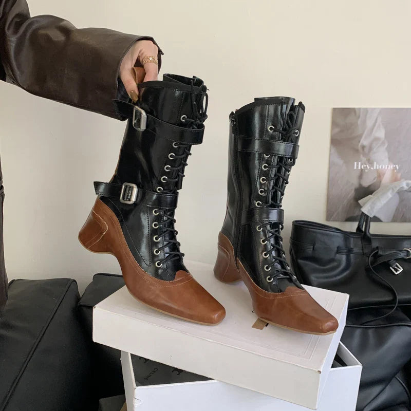 Yellow Cowboy Boots Lace Up Belt Buckle Block Heels Mid-calf Western Boots Vintage Shoes Black Botas Mujer