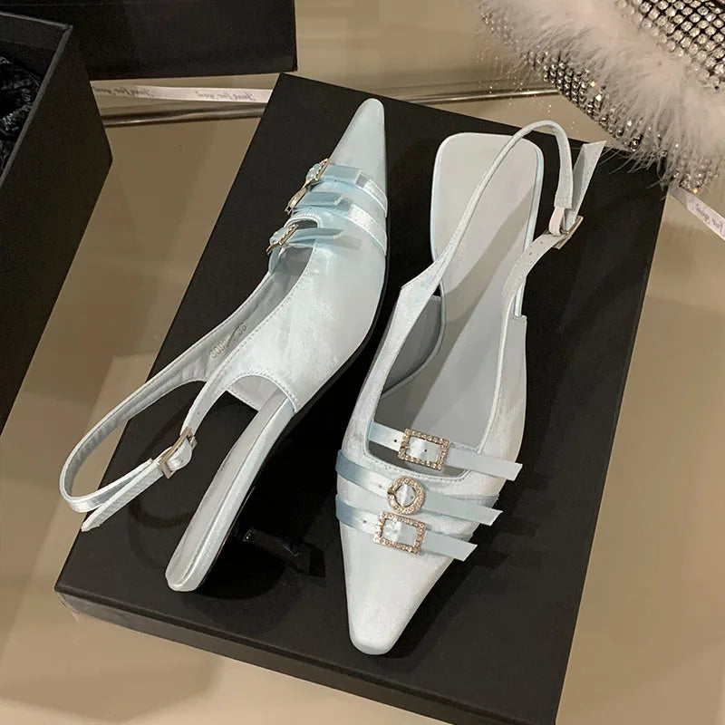 Silk Medium Heels Pumps Shoes Pointed Toe Footwear Shallow Thin Heels Sandals Shoes