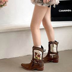 Vintage Ethnic Style Embroidery Woman Ankle Boots Shoes Elegant Thick Heel Western Cowboy Botas