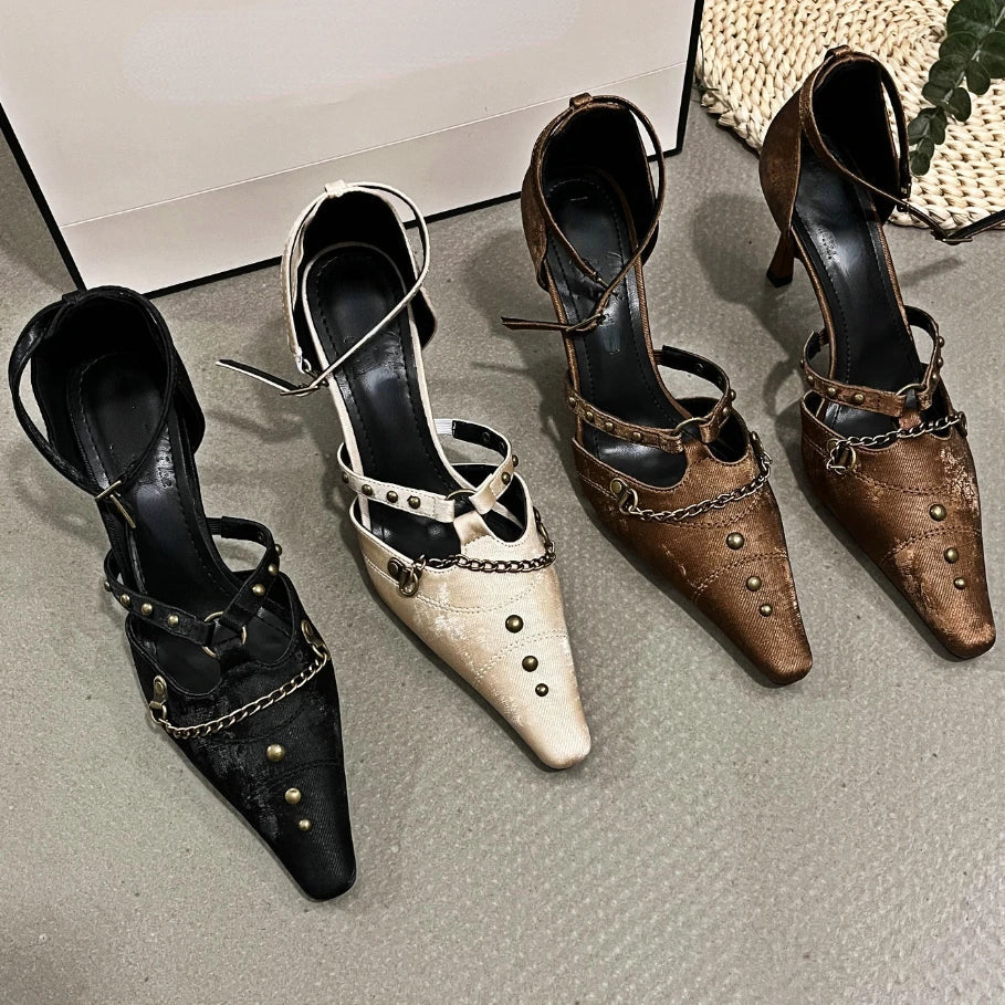 Retro Rivets Metal Chain High Heels Thin Heel Party Elegant Office Shoes Pointed Toe Pump Sandals