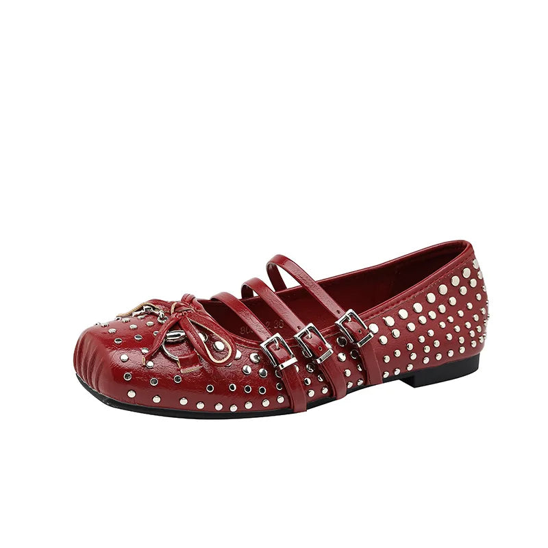 Rivet Ballet Burgundy Mary Jane Flat Shoes Bow Square Head Casual Comfortable Shoes