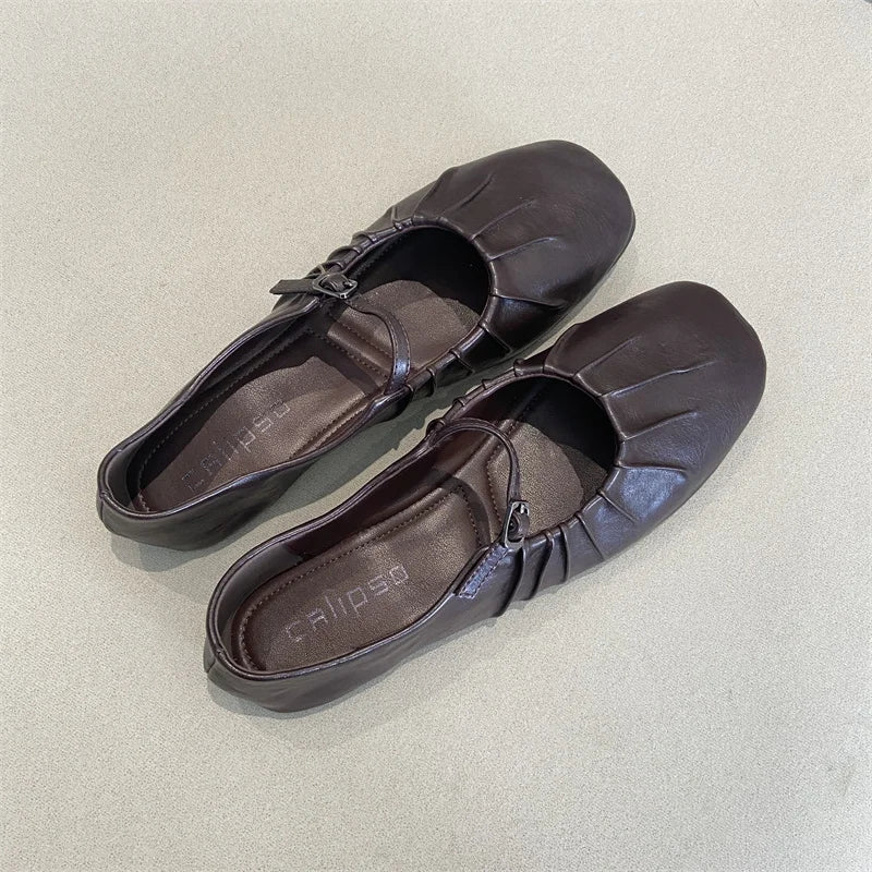 Pleated Mary Janes Flats Shoes Square Toe Pu Leather Comfortable Elegant Red Shoes Shallow Black Ballet Flats