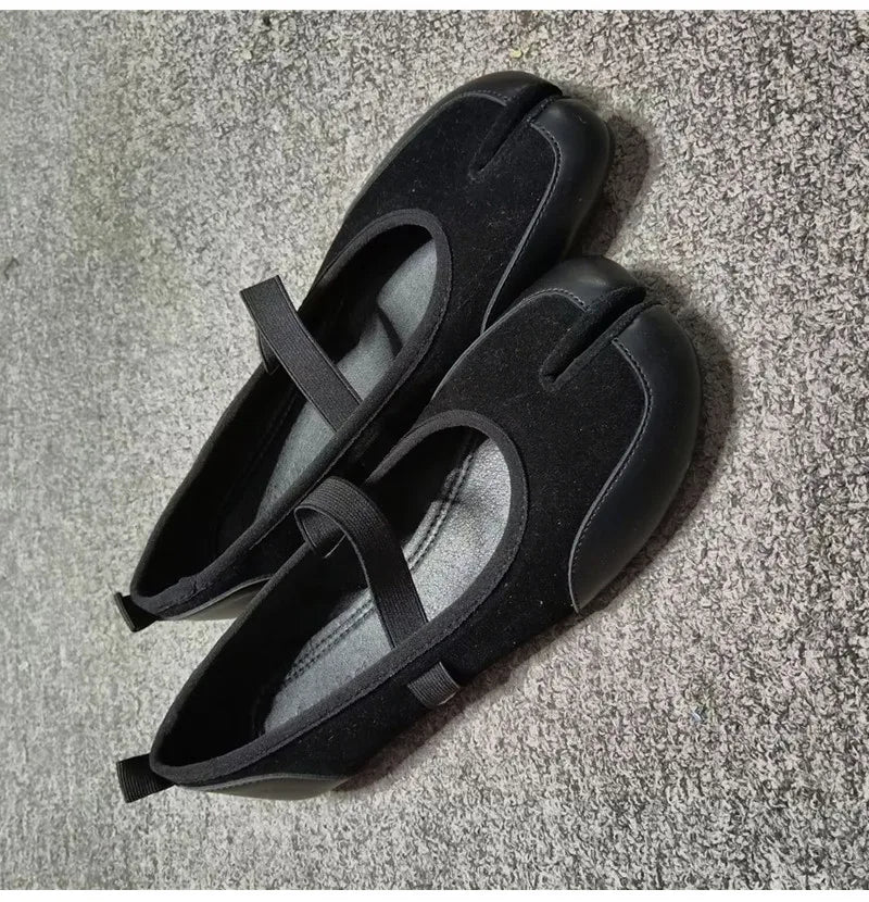 Split toe Faux suede Patchwork Tabi Ballet Flats Mary Janes Walking Loafers Casual Girls Dance Shoes