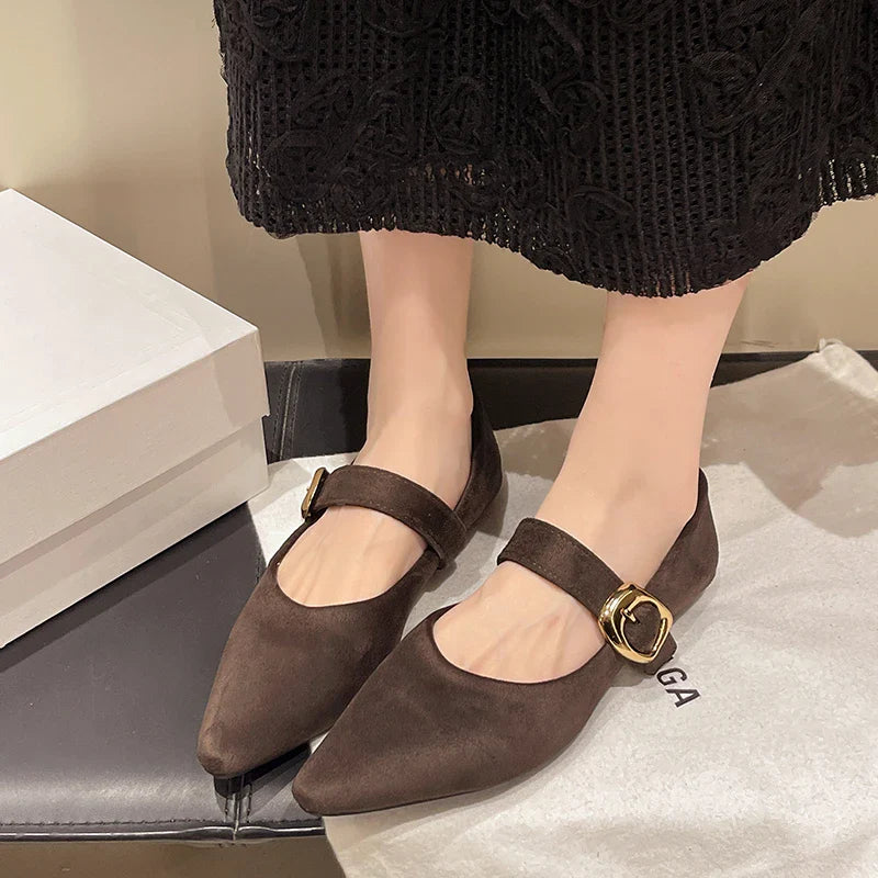Low Heeled 2cm One Word Buckle Strap Design Solid Color Shallow Mouth Pointed Toe Comfy Low Heeled Shoes