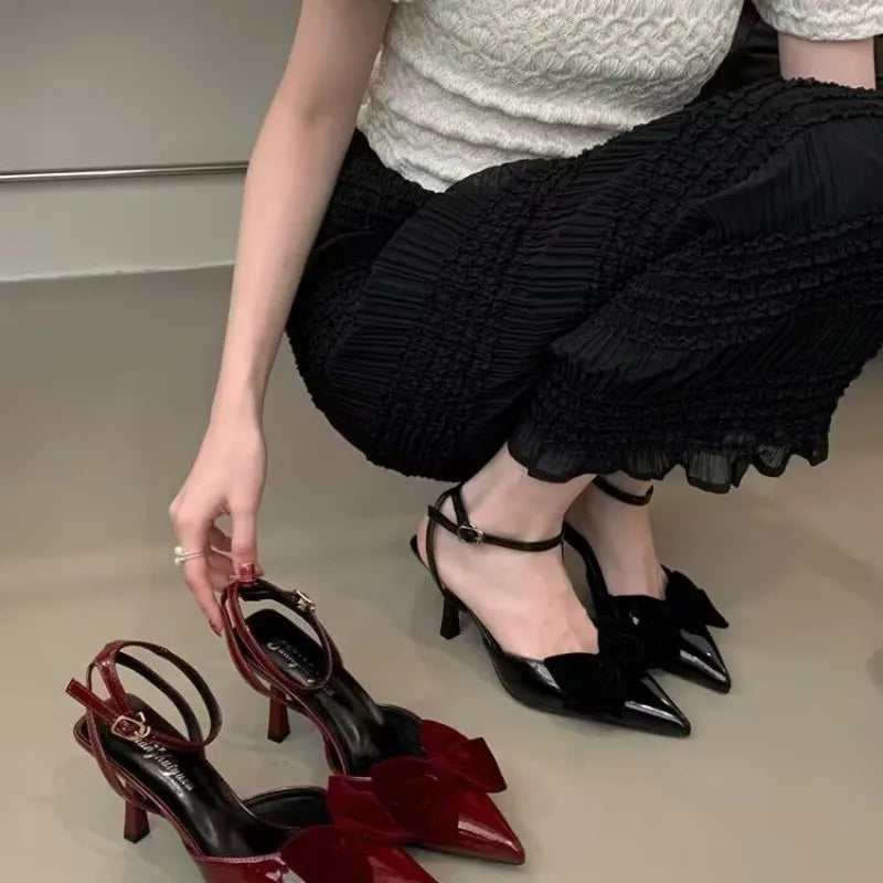 Sweet Velvet Leather Ankle Strap Buckle Sandals Heels Diagonal Heels Sandals Shoes