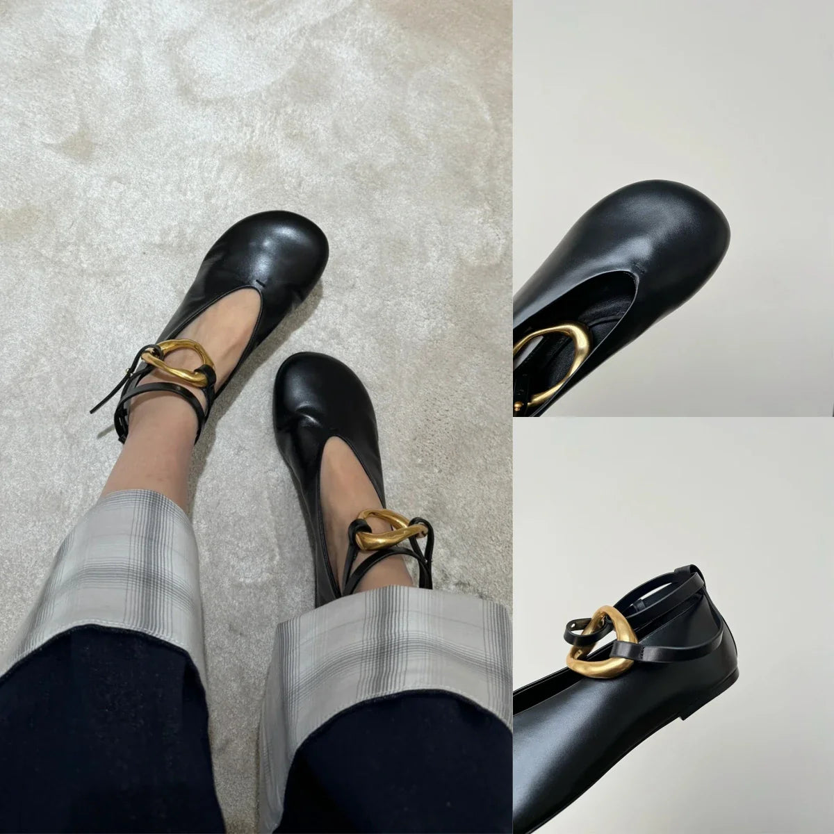 Sandals Mary Jane Flats Dupe Silver Black Gold Big Size Ankle Strap Round Toe Ballerinas Shoes