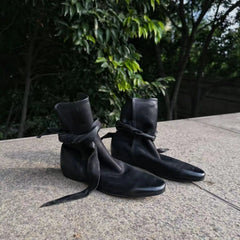 Genuine Leather Butterfly Knot Wrapped Strap Short Ankle Boots Polished Color Distressed Flat Bottomed Bare Shoes