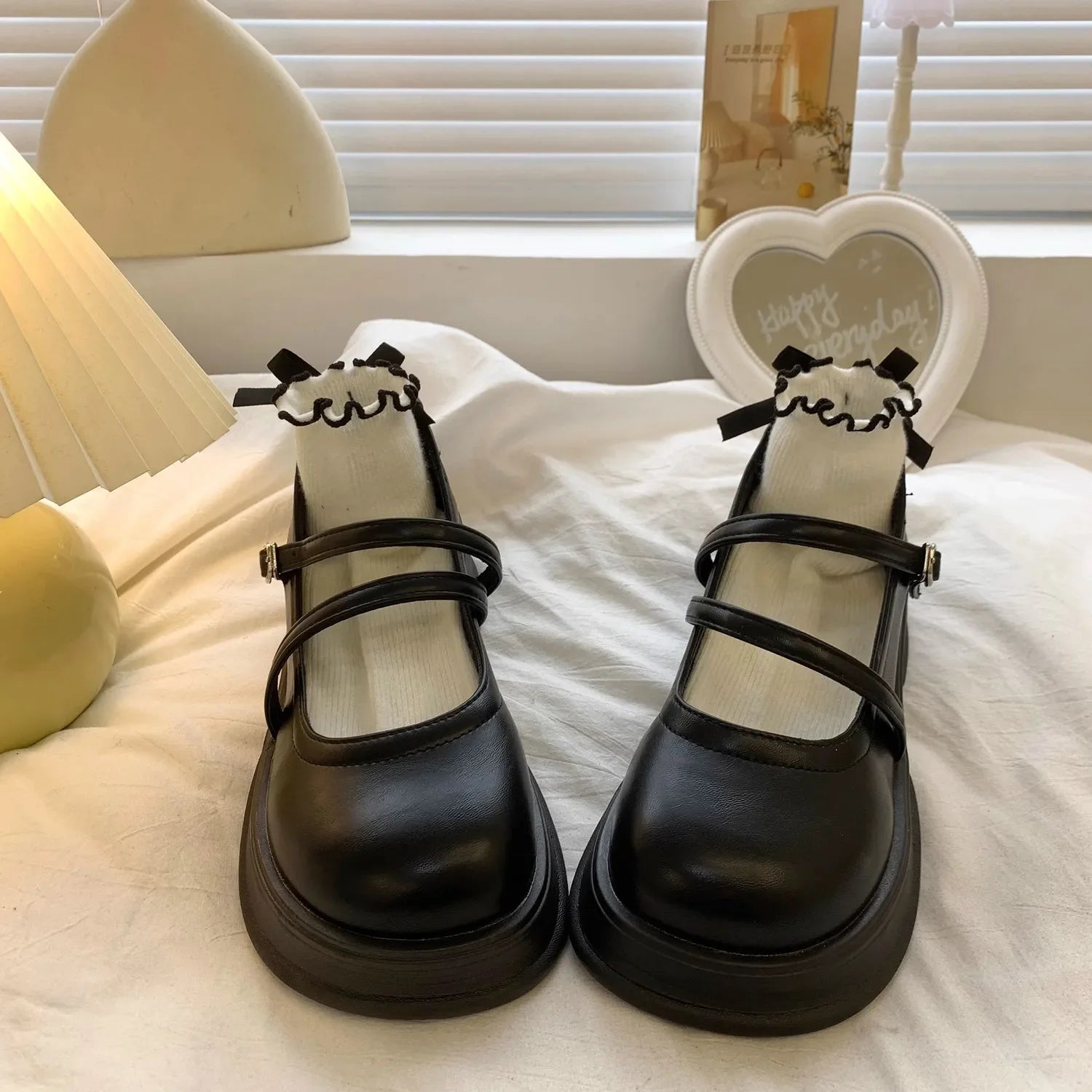 Leather Mary Jane Shoes Japanese Style Lolita Round Toe High on Platform Footwear Black Gothic Vulcanized