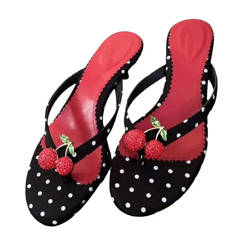 Bohemian Style Polka Dot Round Toe Thin Low Heels Slippers Mules Slides Shoes Crystal Rhinestone Sandals Flip Flops