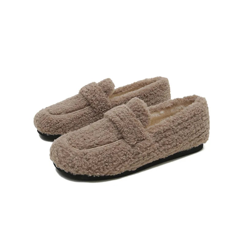 Plus Size 34-43 Wool Shoes Warm Cotton Loafers Femmes Lambswool Moccasins Slip On Round Toe Sheep Fur Flats