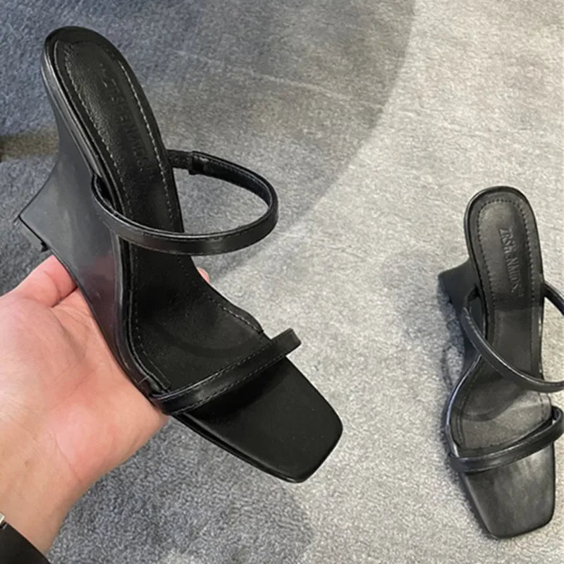 Wedge Heeled Sandals Slingback Slide Slippers Square Toe High Heels Party Sandalias