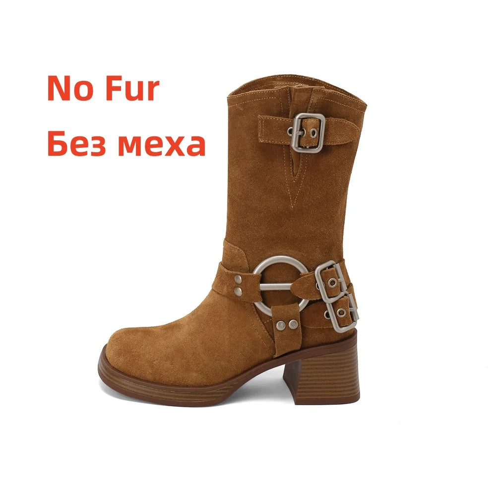 Cow Suede Leather Mid-calf Boots Thick High Heels Warm High Boots Motorcycle Boots Shoes