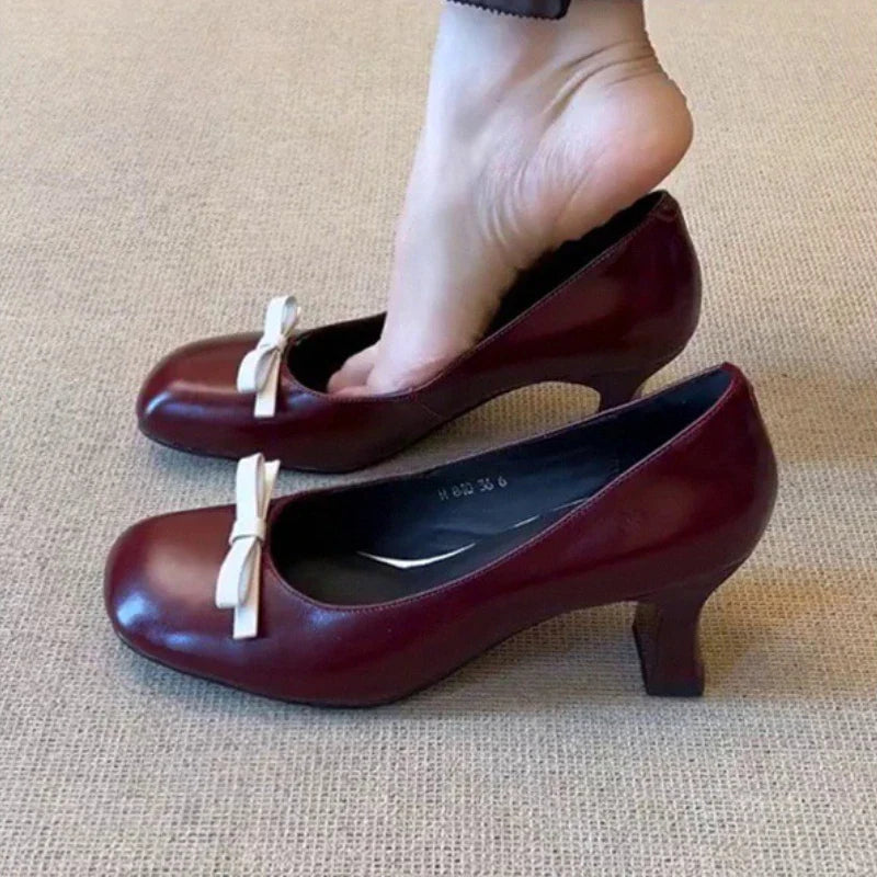 Retro Bowknot High Heeled Mary Jane Shallow Comfort Round Toe Elegant Office Shoes Talons Femme