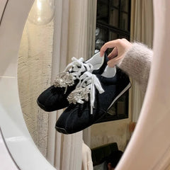 Brand High Quality Zapatillas De Mujer Retro Square Head Pearl Bow Casual Training Shoes Shoes Hot Selling