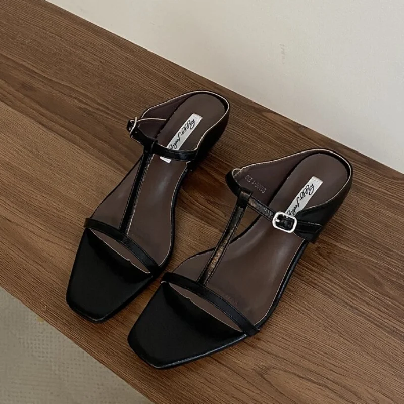 Slipper Square Heels Sandals Square Toe Party Wedding Shoes Slip On Beach Slides Mujer