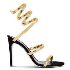 Metal Gold Snake-Shaped Wrapped Ankle Sandals Woman Sliver Open Toe High Heels Wedding Bridal