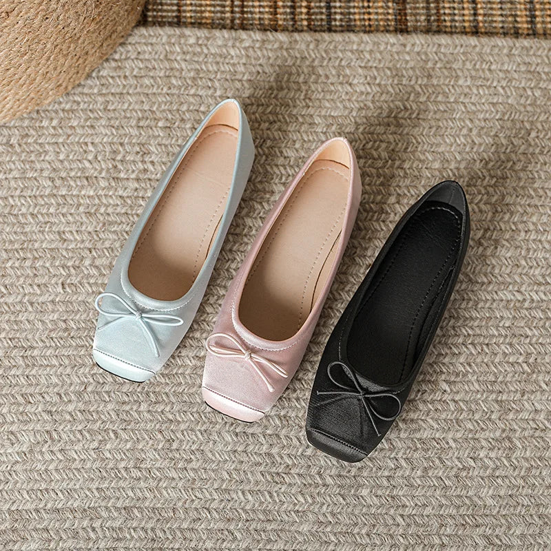 Deliate Bowtie Silk Ballerinas Woman Traf Pig Square Toe Flats Shallow Slip On Moccasins Femme Brides Wedding Shoes Pink Ballets