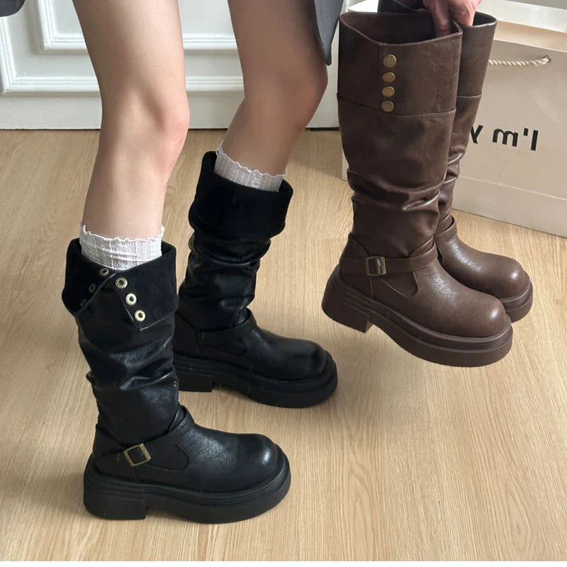 Platform Thick Bottom Woman Knee High Boots Shoes Elegant Belt Buckle Knight Booties
