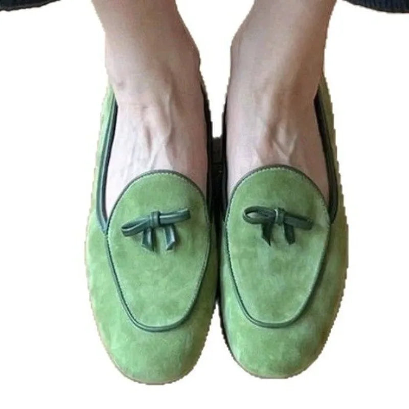 Suede Loafers shoes with Genuine Leather Bow Decoration Flat Shoes Comfortable Shallow Mouth Shoes
