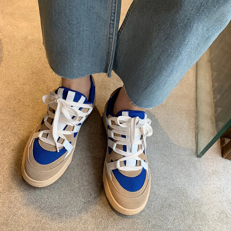 Sneakers Outdoor Casual Mixed Colors Genuine Leather Cross-Tied Shoes Woman Flats Platforms
