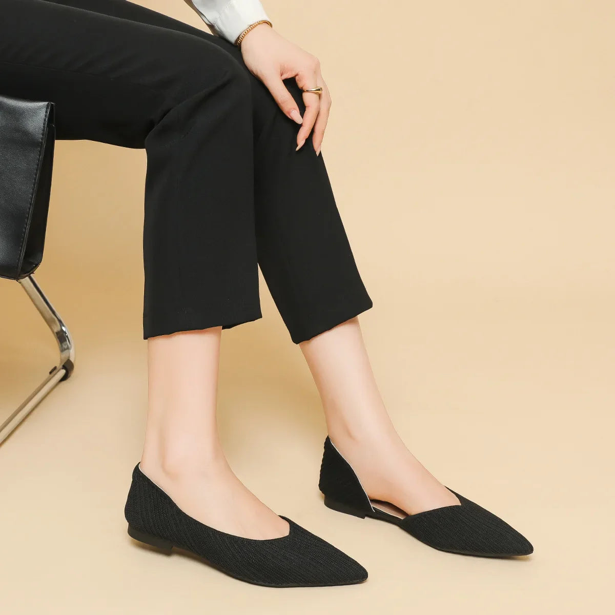 D'orsay Flats Shoes Stretch Soft Ballerinas Loafers Femmes Pointed Toe Slip On Moccasines Fly Weaving Princess Ballets