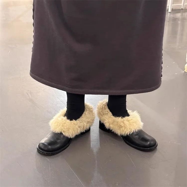 Square Toe Thick Heel Hairy Loafers Leather Korean Version Versatile Small Leather Shoes Cotton Shoes