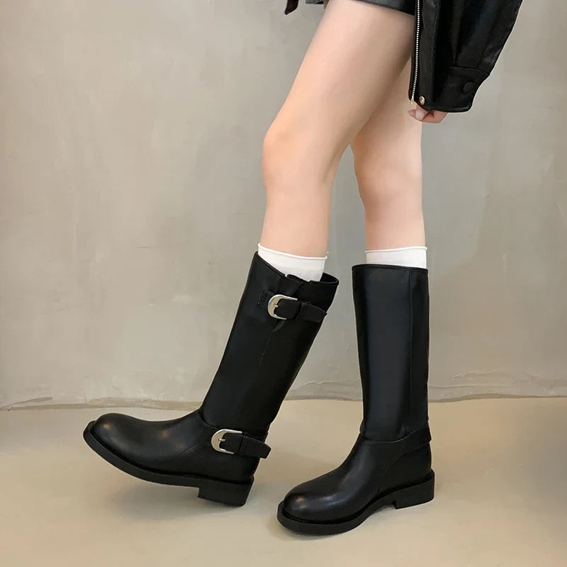 Belt Buckle Knight High Boots Thick Heel Shoes Vintage Slip On Slim Long Booties Zapatos De Muje