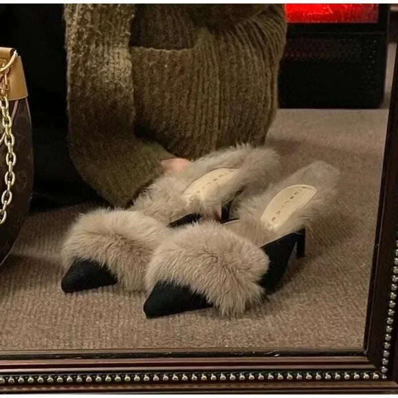High Heel Shoes Fur Slippers Mules Pointed Toe Furry Slides Elegant Flip Flops Office Pumps