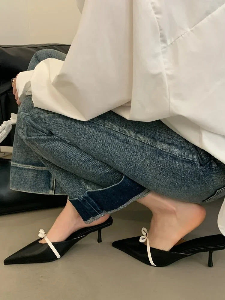 Design Style Butterfly-knot Woman Slippers Low Thin Heels Pointed Toe Shallow Mules Shoes