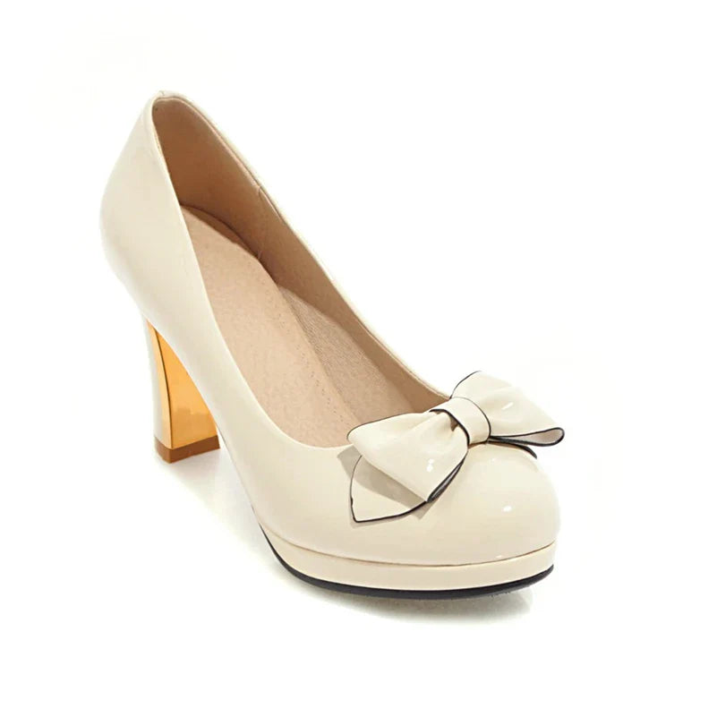 Round Toe Platform Thick High Heels Bow Shallow Wedding Shoes Black Beige 43