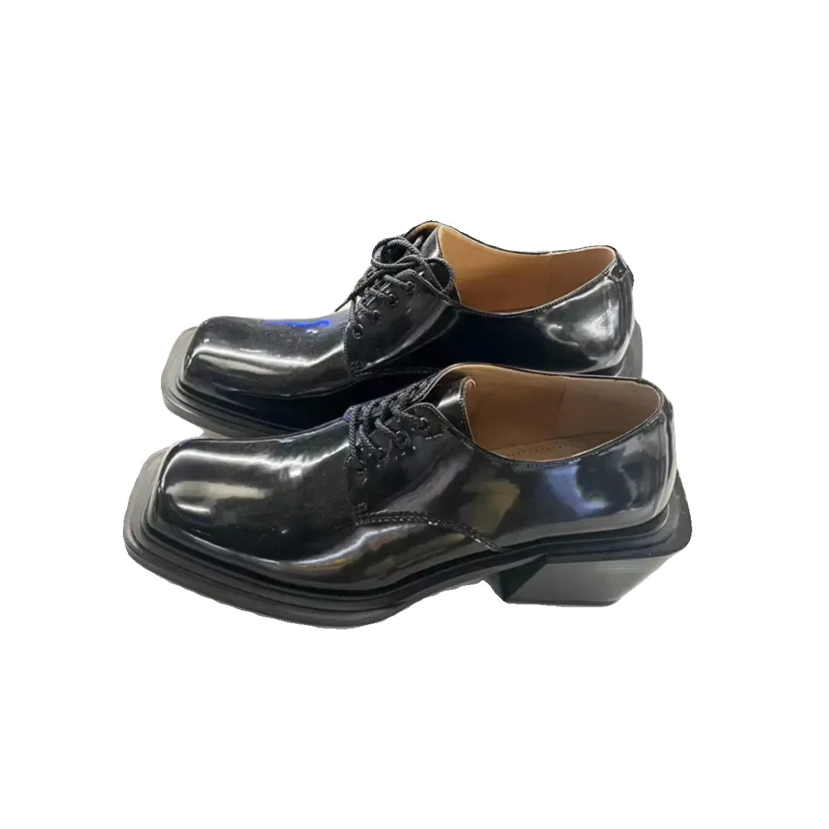 Square Toe Lace Up Japanese Style Thick Heel Heightening High Heels Personalized Patent Leather Solid Color Shoes