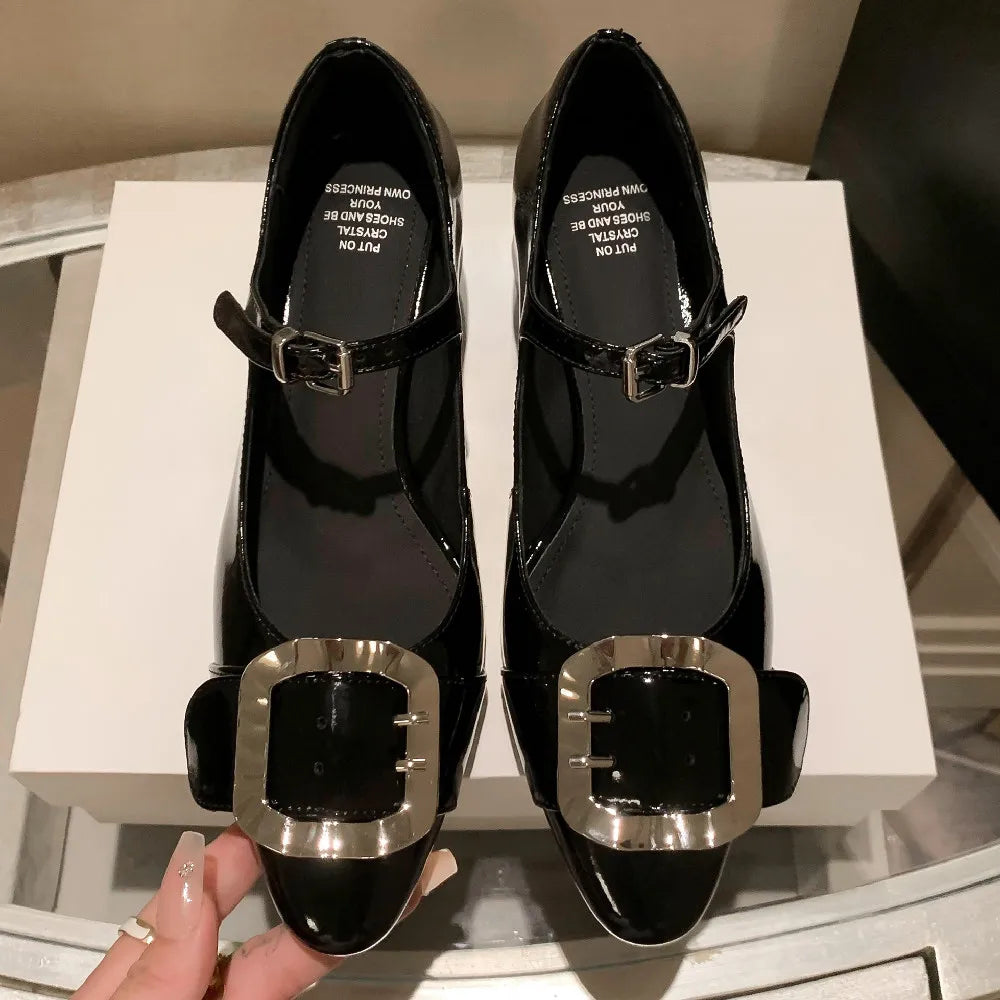 patent leather mary jane pumps 5cm thick med heel round toe big metal buckle decoration heeled