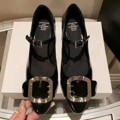 patent leather mary jane pumps 5cm thick med heel round toe big metal buckle decoration heeled