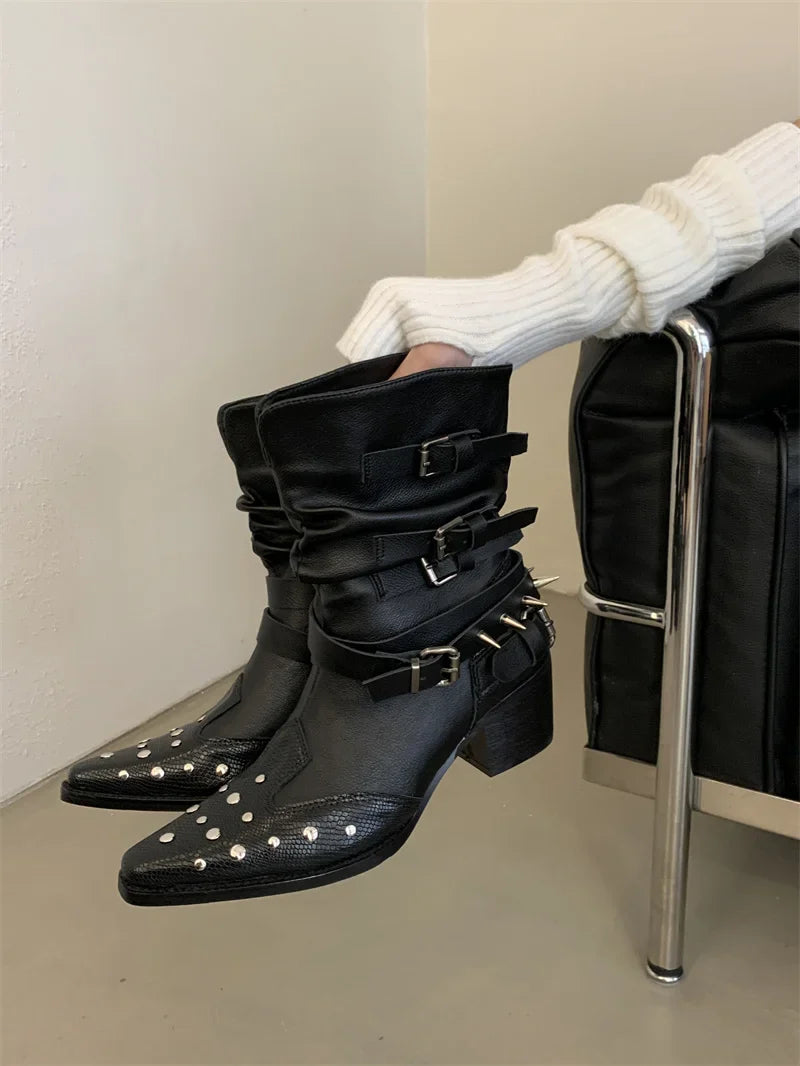 Black Gothic Shoes Platform Rivet Belt Buckle Chunky Heels Ankle Boots Punk Woman Cowboy Western Boots Arrival