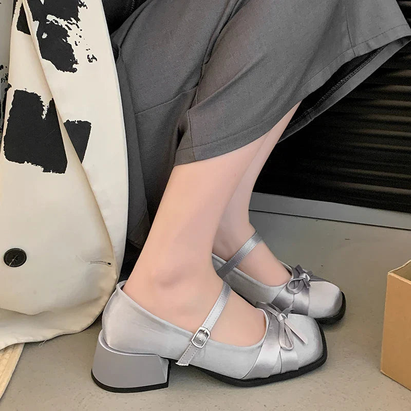 Pink bow high heels and square-headed silk ribbon buckle single shoes shallow thick-heeled shoes