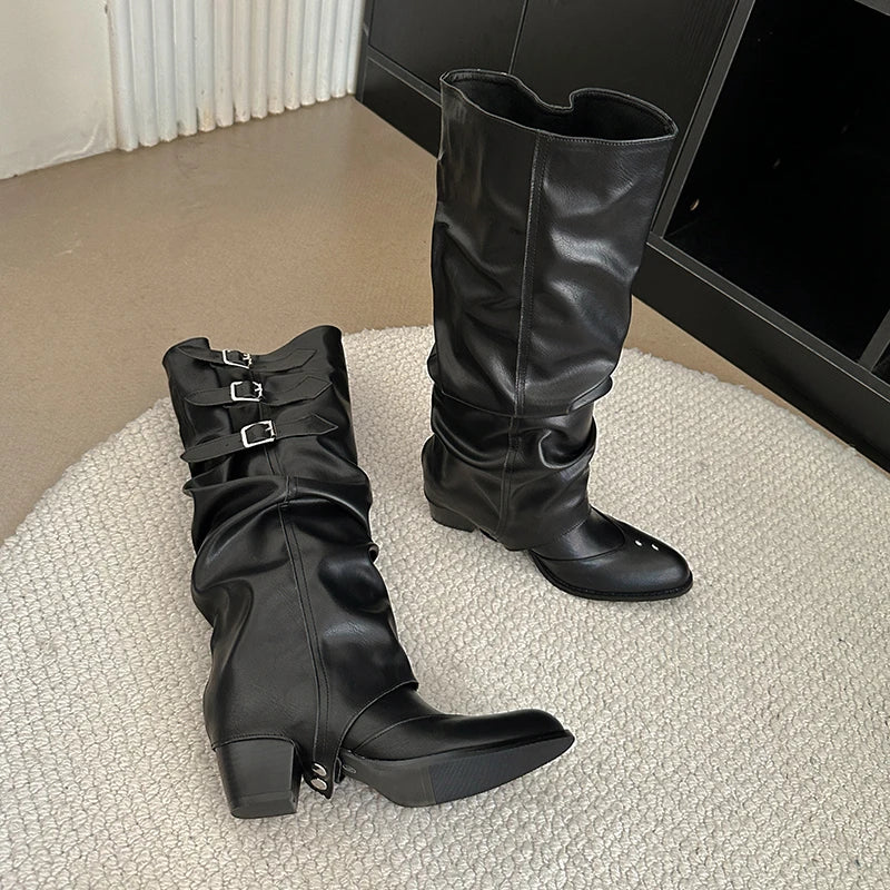 Vintage Belt Buckle Knee High Boots Removable Shoes Elegant Thick Heel Knight Long Booties
