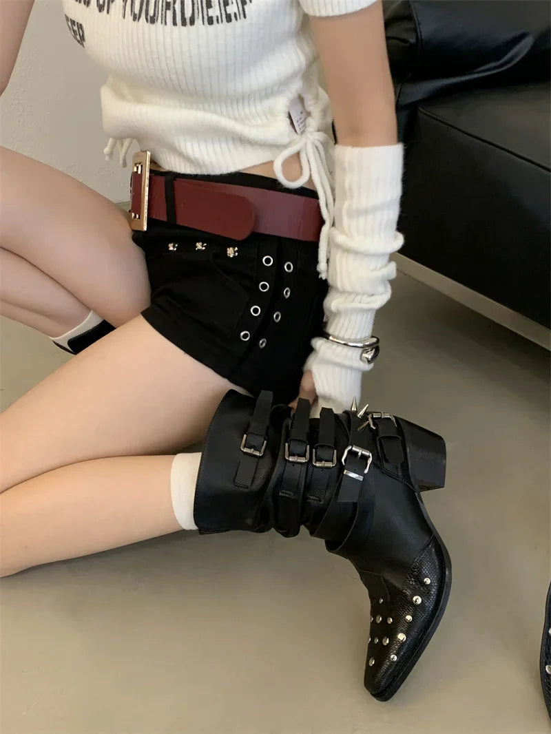 Black Gothic Shoes Platform Rivet Belt Buckle Chunky Heels Ankle Boots Punk Woman Cowboy Western Boots Arrival