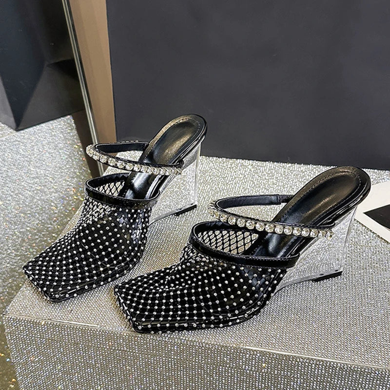 Sandals Rhinestone Mesh High Heels Footwear Elegant Square Toe Transparent Wedges Slippers