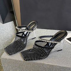 Sandals Rhinestone Mesh High Heels Footwear Elegant Square Toe Transparent Wedges Slippers