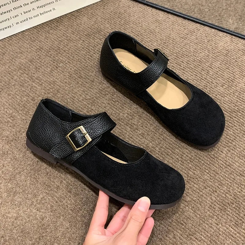 Leather Buckle Low Heel Mary Jane Shoes Soft Sole Casual Flat Shoes