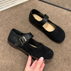 Leather Buckle Low Heel Mary Jane Shoes Soft Sole Casual Flat Shoes
