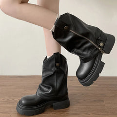 Knee High Boots Western Round Toe Long Boots Western Shoes Chunky Heel Platform