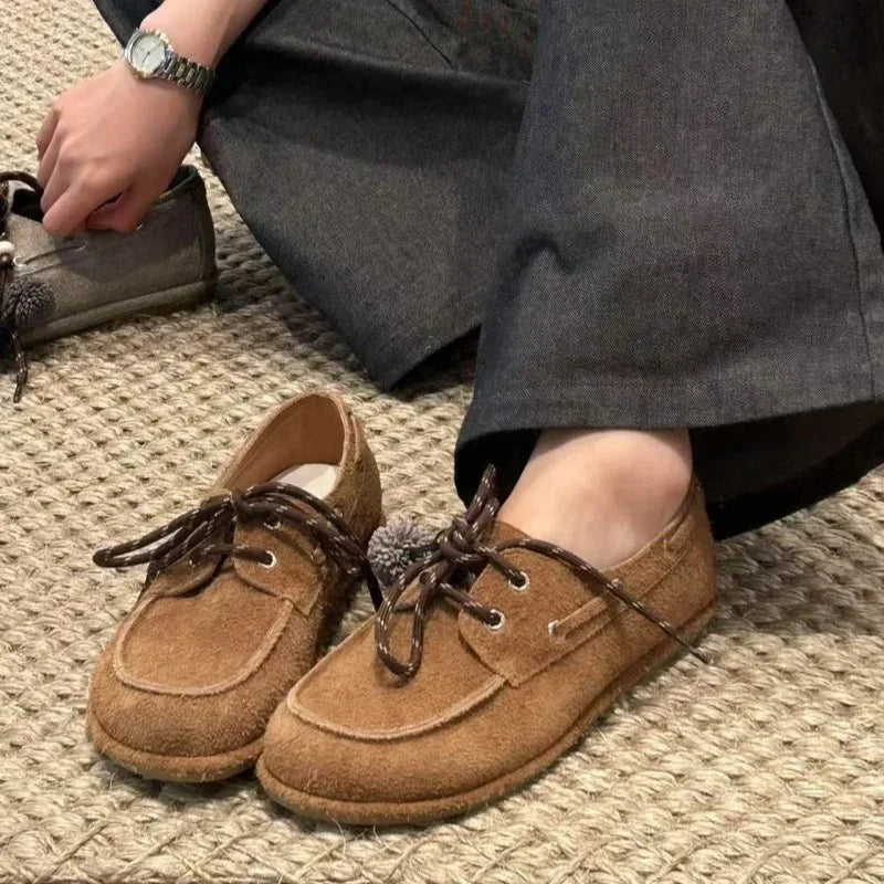 Round Toe Loafers Cow Suede Lace Up Flat Shoes Casual Versatile Doudou Shoes Soft Soled Lady Shoes