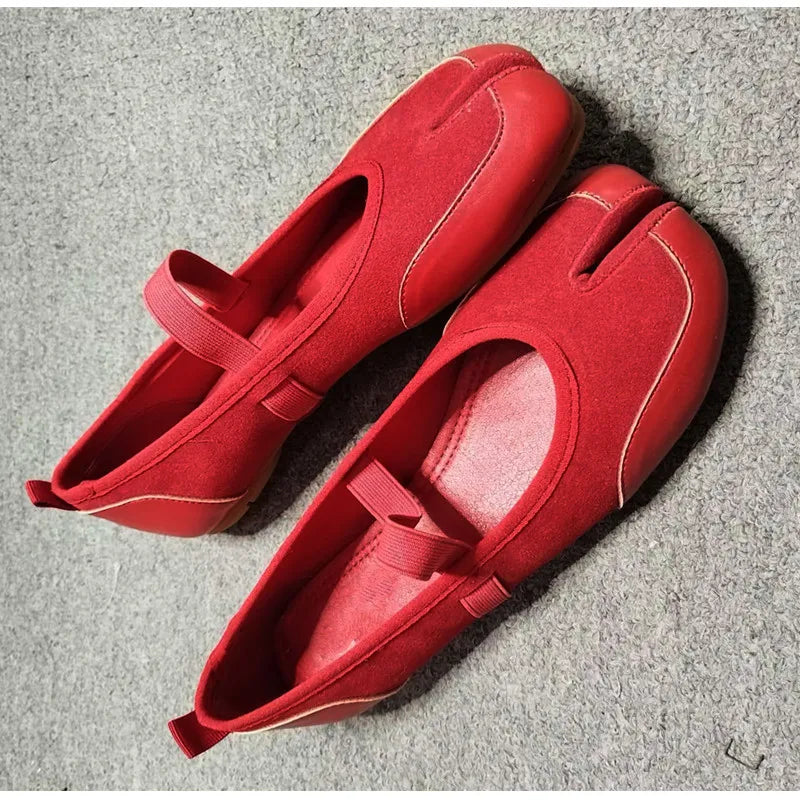 Split toe Faux suede Patchwork Tabi Ballet Flats Mary Janes Walking Loafers Casual Girls Dance Shoes
