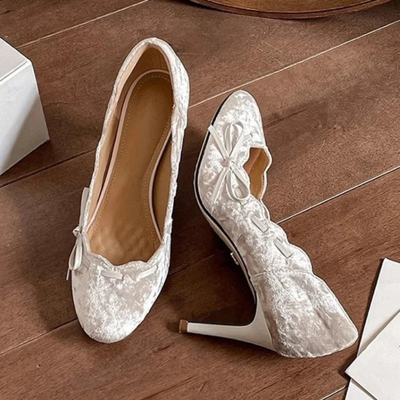 Brand High Heels Velvet Round Toe Butterfly-knot Pump Shallow Elegant Thin Heels Party