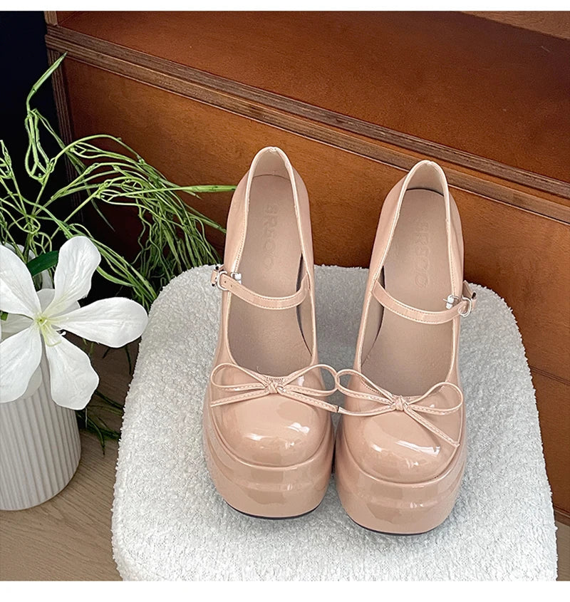 Platform Thick Heel Mary Jane Shoes Butterfly-knot Shoes Outdoor Dress Pumps