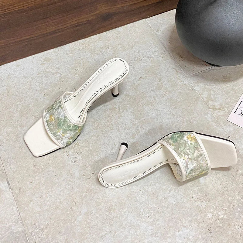 Flower Thin Heels Slides Sandals Shoes Square Toe High Heels Shoes Slip On Sandals Pumps